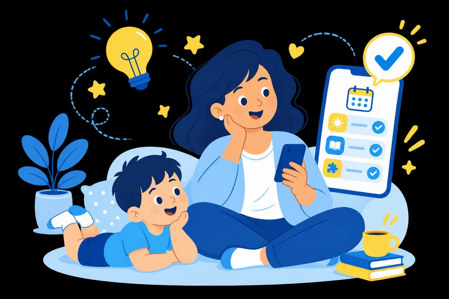 A parent relaxed at home, sessions handled in the app